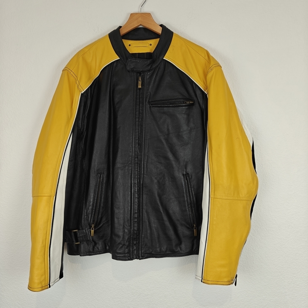 Wilson’s Leather Black Yellow Motorcycle Jacket Men’s Racer Biker Leather XL